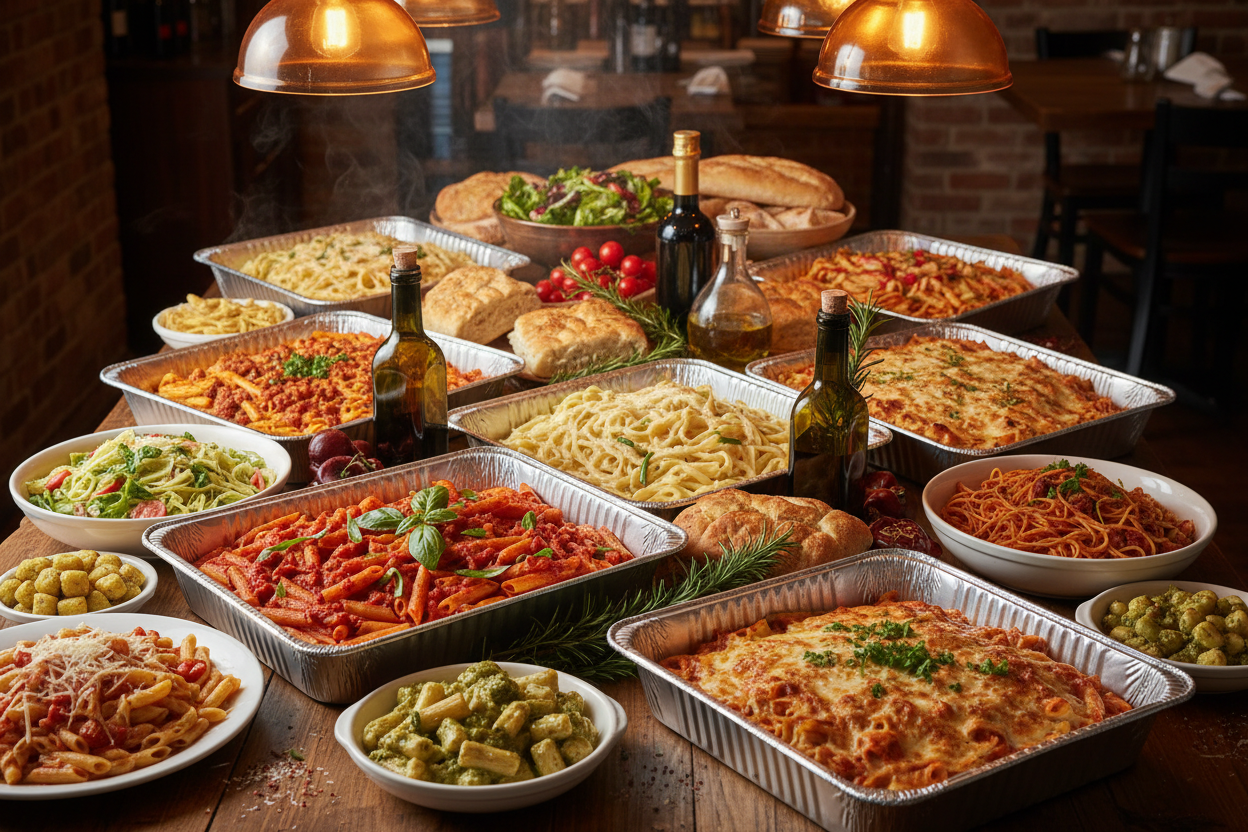 Family-style pasta catering spread in large trays