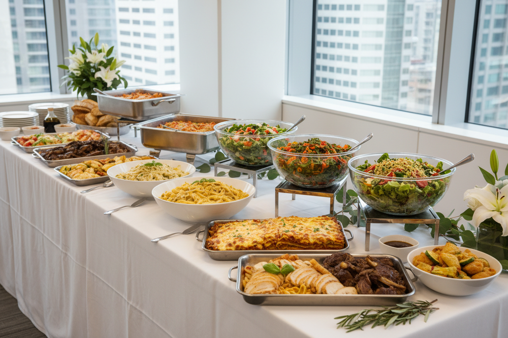 Italian corporate lunch catering buffet setup