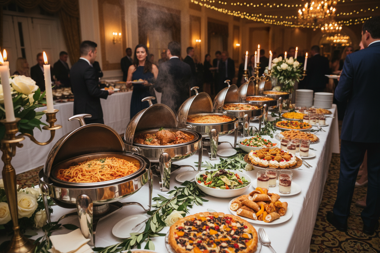Full Italian buffet catering setup for a private party