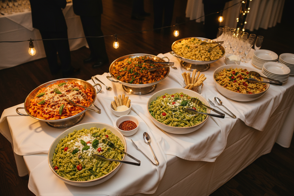 Elegant family-style pasta catering setup for an event