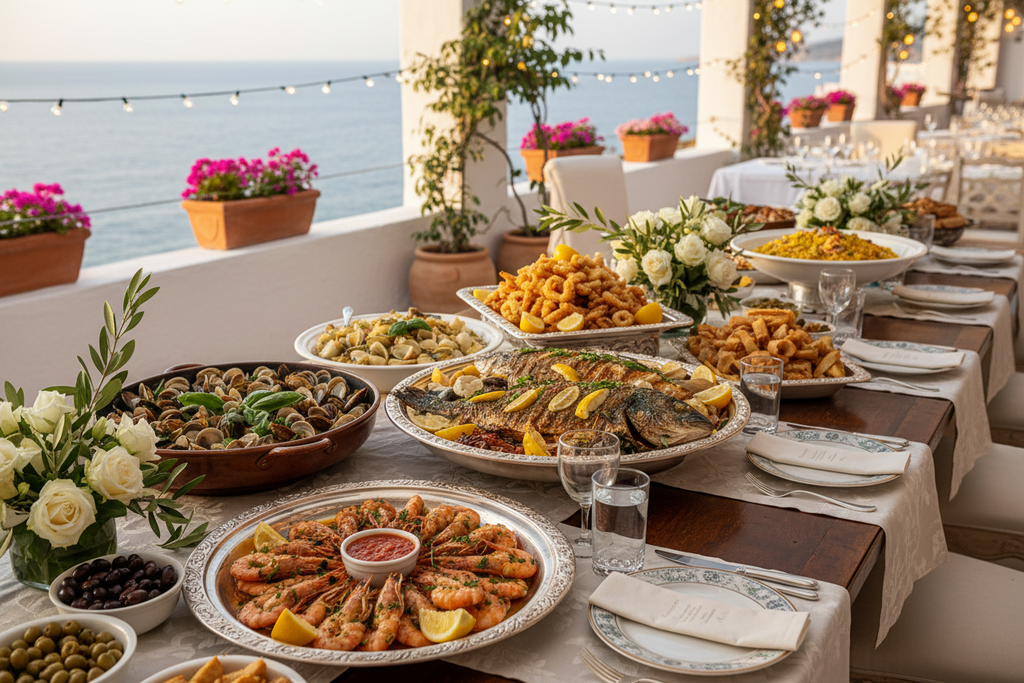 Italian seafood feast catering spread