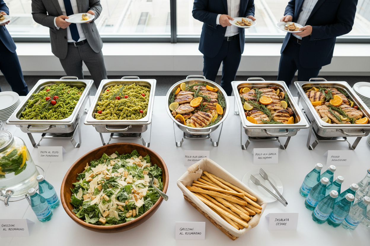 Complete Italian corporate catering spread for a team