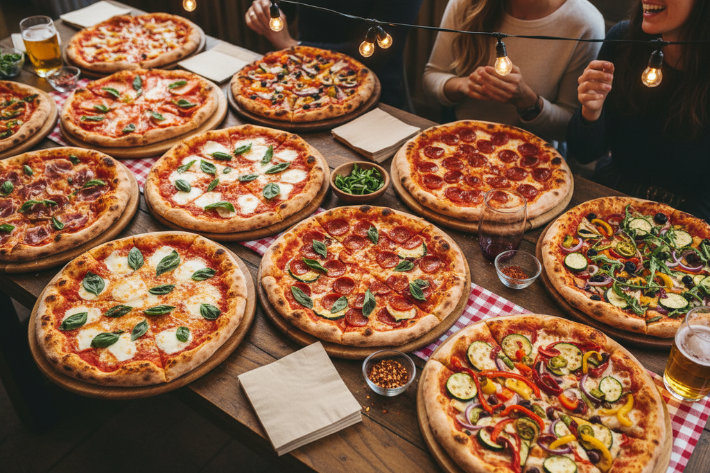 Assorted brick-oven pizzas on catering table
