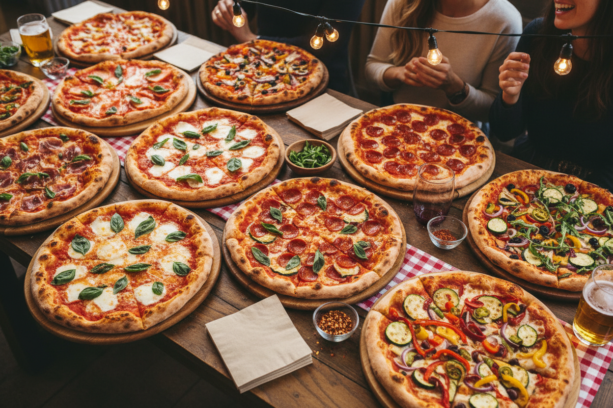 Assorted brick-oven pizzas on catering table