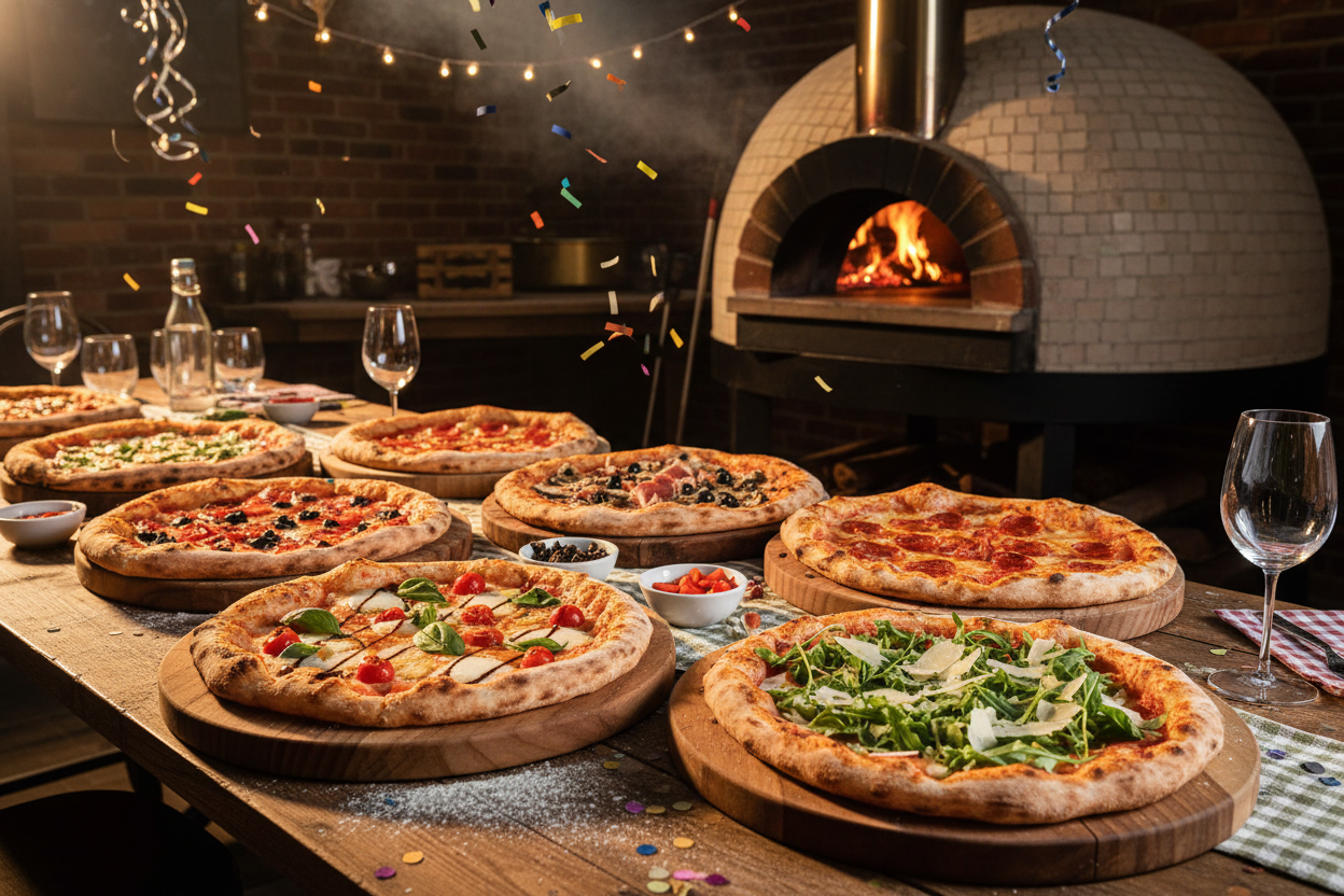Brick-oven pizza party catering spread