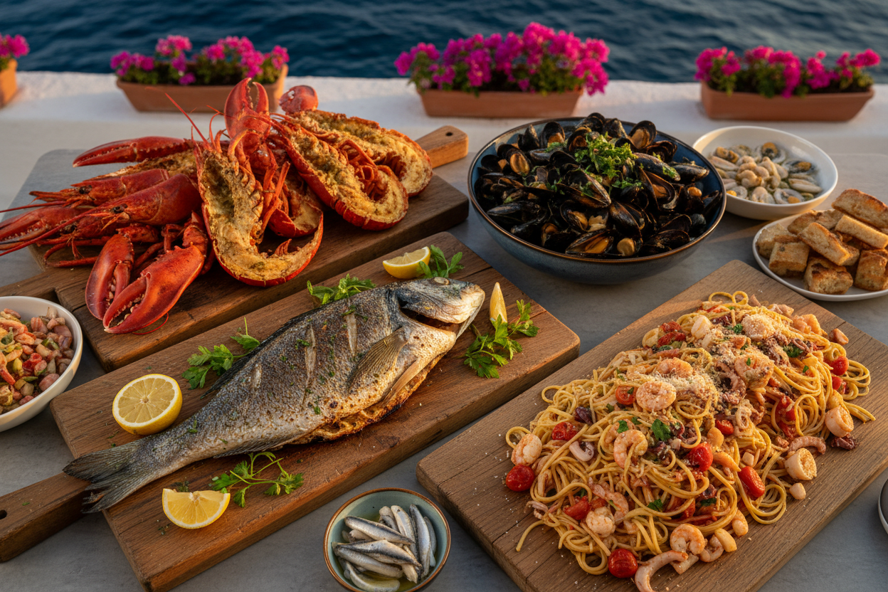 Fresh Italian coastal seafood catering display